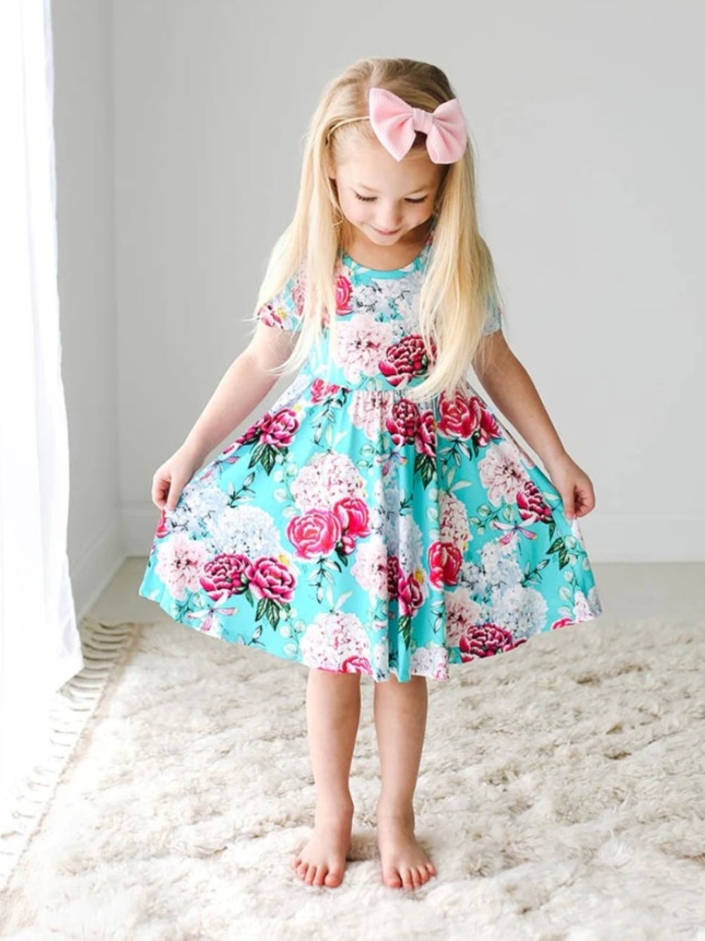 Posh Peanut Aqua Floral Twirl Dress with Pink Roses Bamboo Size 8 Years